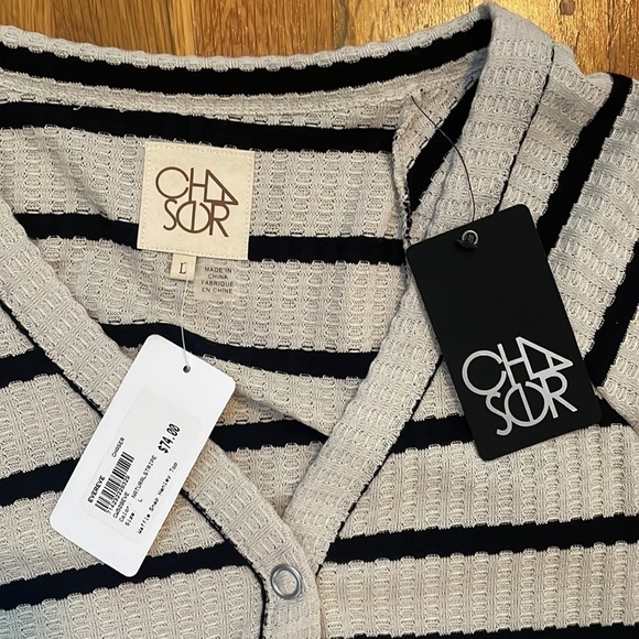 NWT Chaser waffle snap Henley top black stripe large - Picture 2 of 4